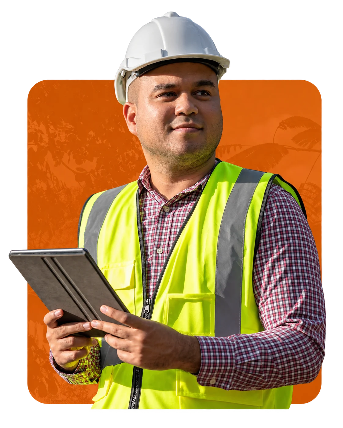 Profissional original com capacete, colete e tablet